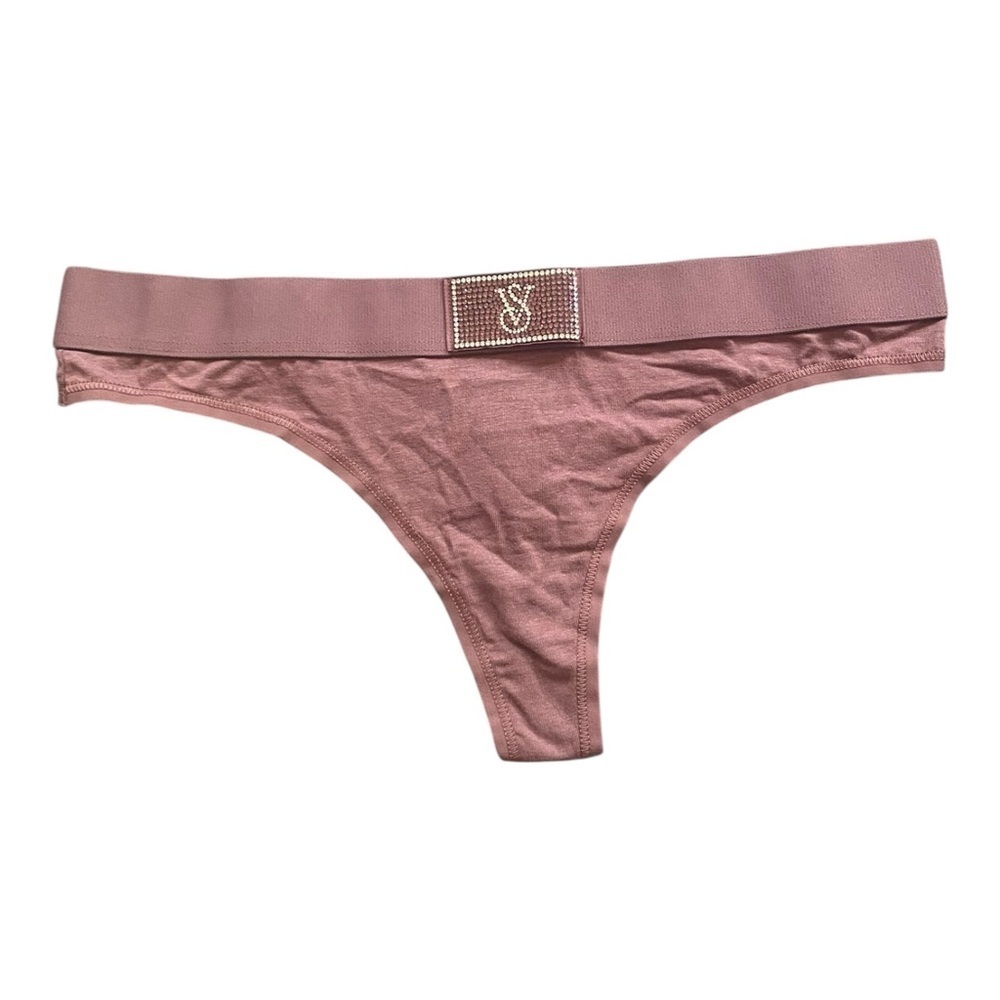 Victoria’s Secret Vintage Rose Pink Logo Shine Rhinestone Cotton Thong Panty NEW - Picture 2 of 5